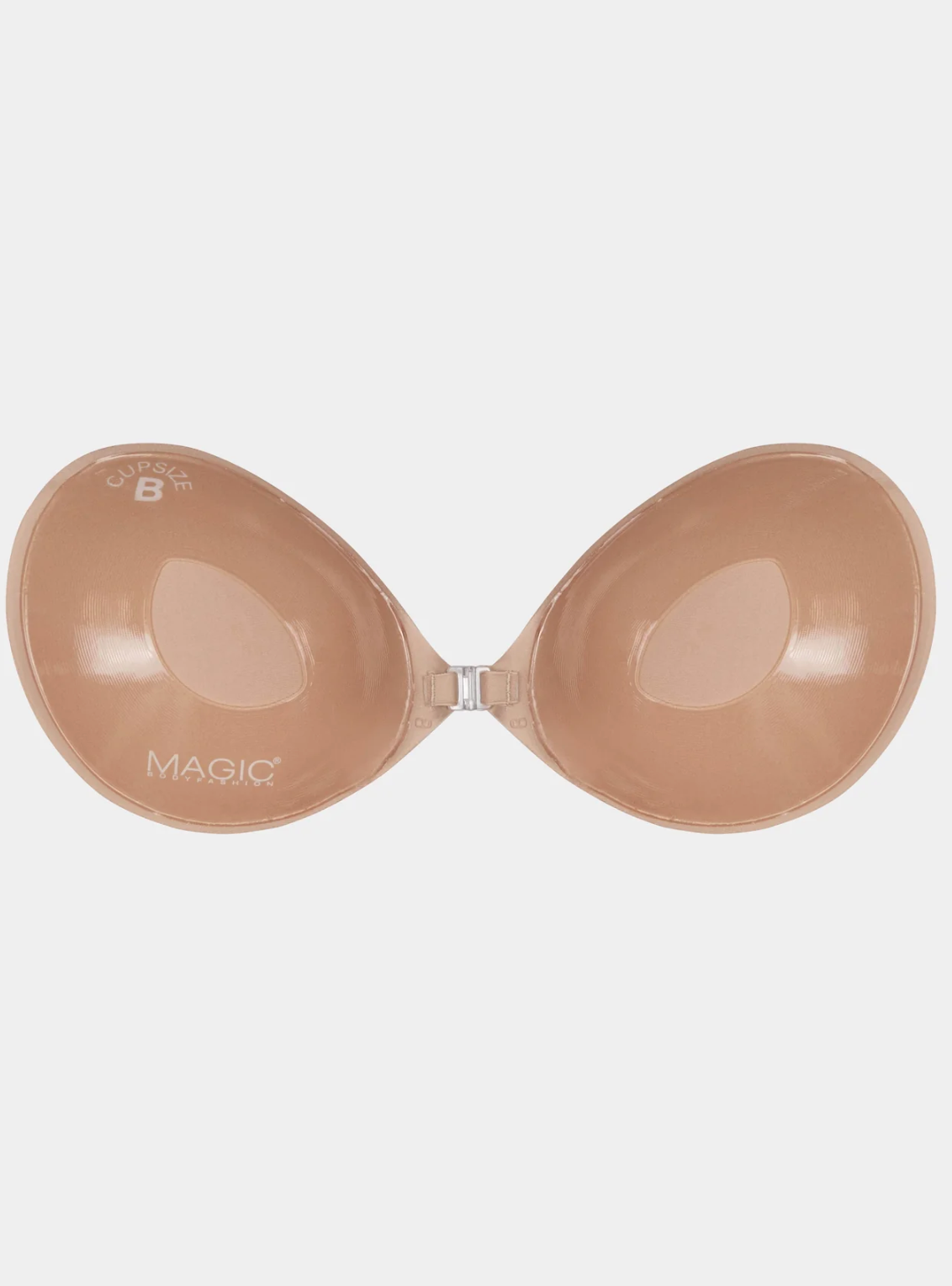 Beige strapless bra on a white background