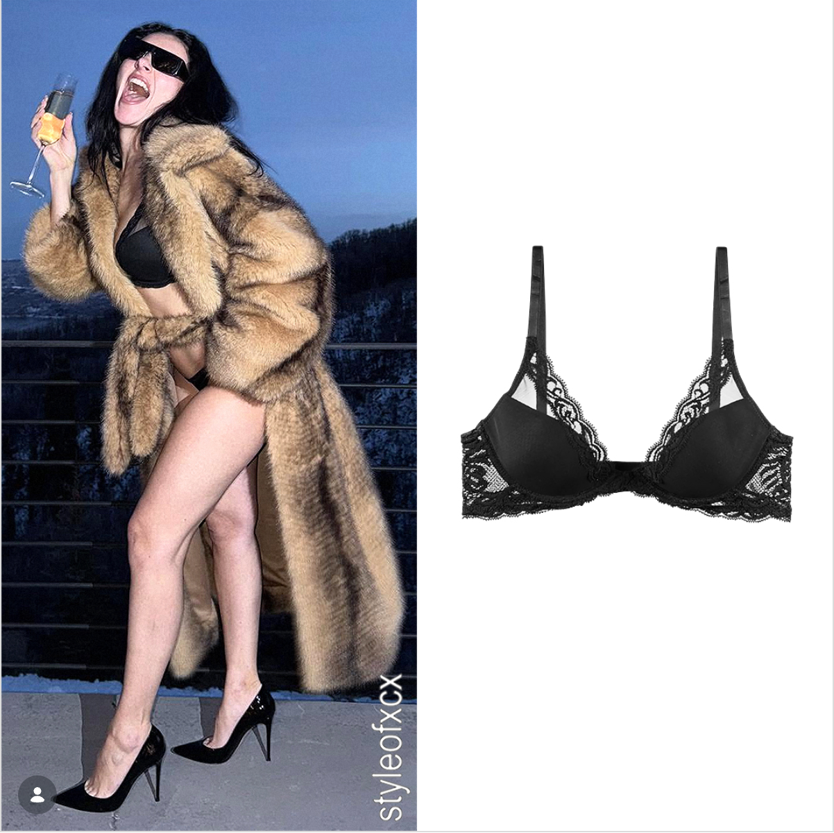 Charli XCX in fur coat and black lingerie with a scenic background, alongside a black bralette with lace details.