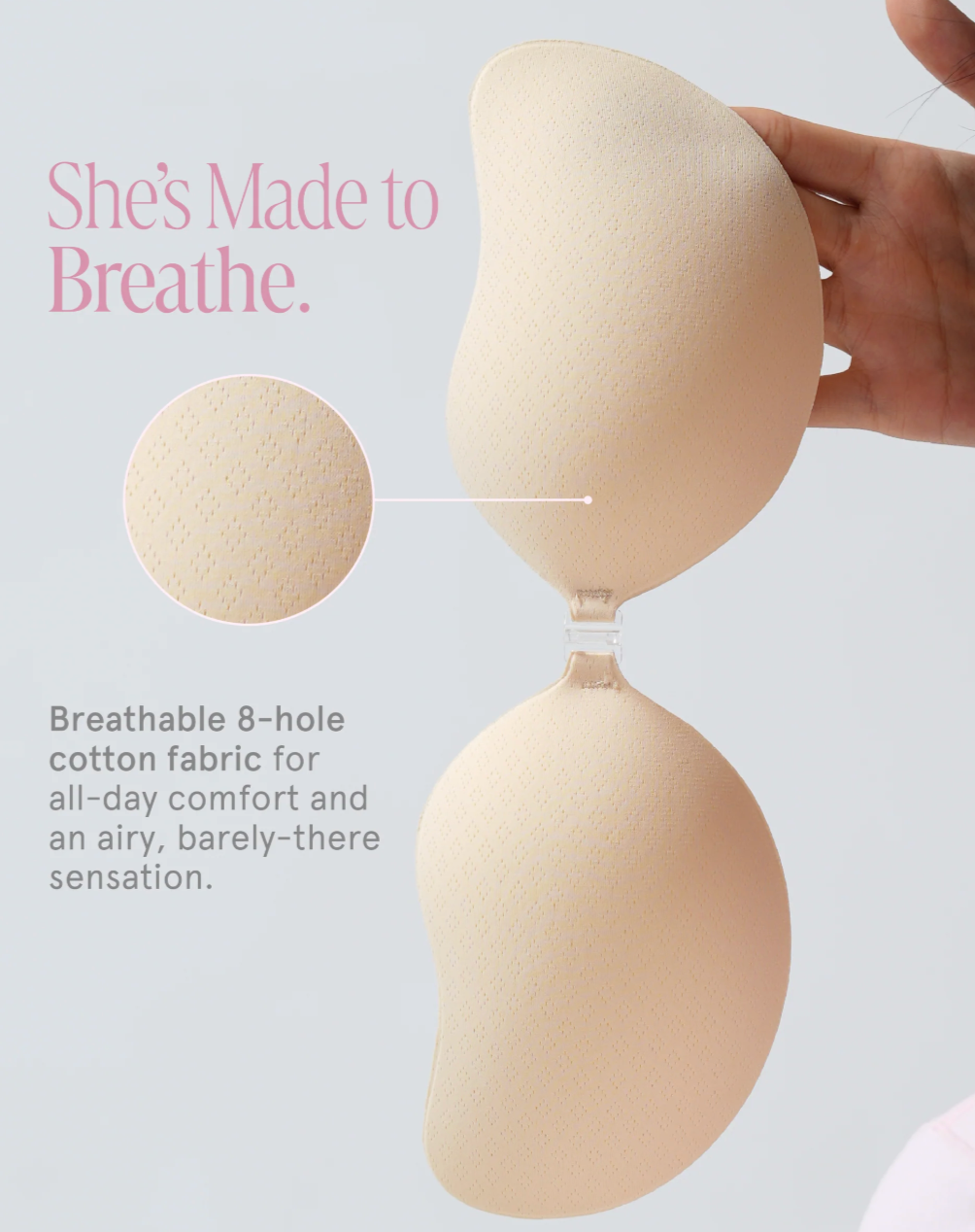 Beige bra with text highlighting breathable fabric and comfort features on a light gray background
