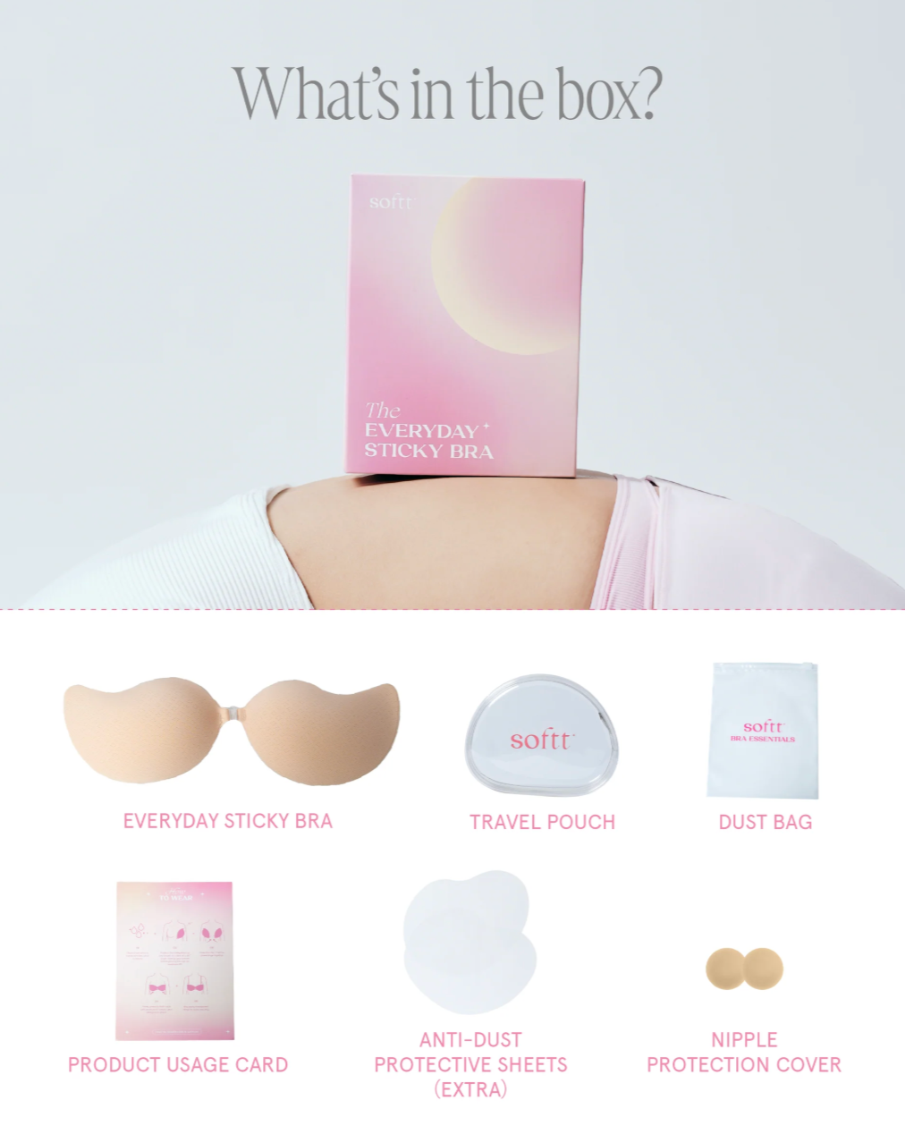 Product packaging with Everyday Sticky Bra, travel pouch, dust bag, product usage card, anti-dust protective sheets, and nipple protection cover on a white background.