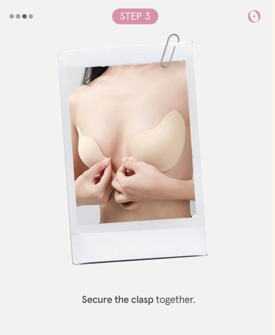 Step-by-step guide on applying a silicone bra pad with a clip, showing hands securing the clasp.