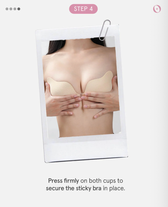 Sticky bra being worn with instructions on how to secure it.