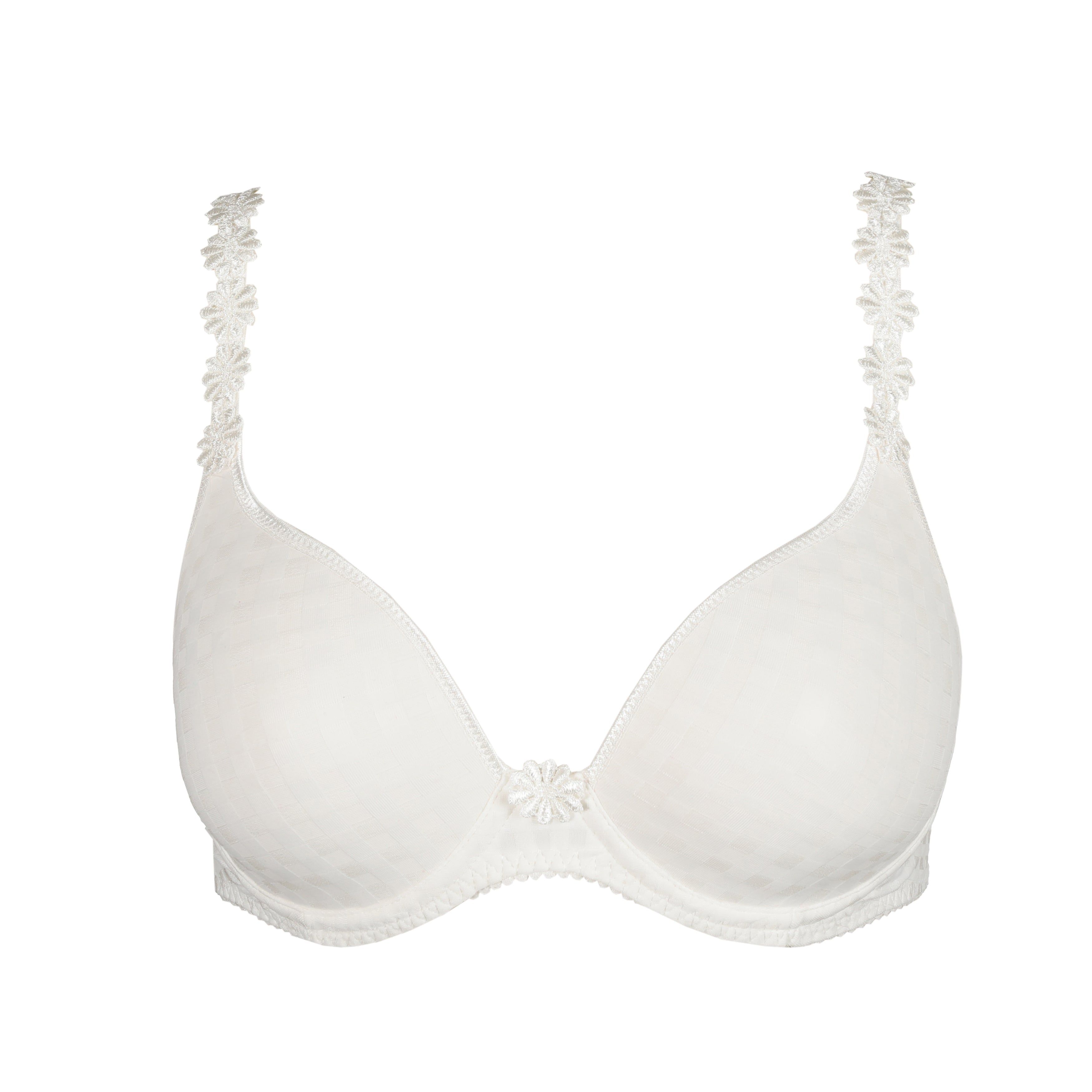 White bra with floral straps on a white background