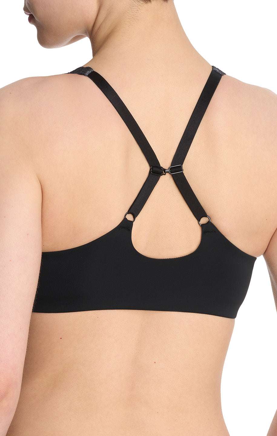Close-up of Natori Front Fastening Smooth T-shirt Bra - Black, showcasing smooth fabric and sleek look.