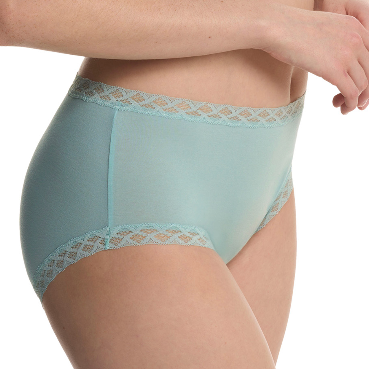 Light blue underwear with lace trim on a white background