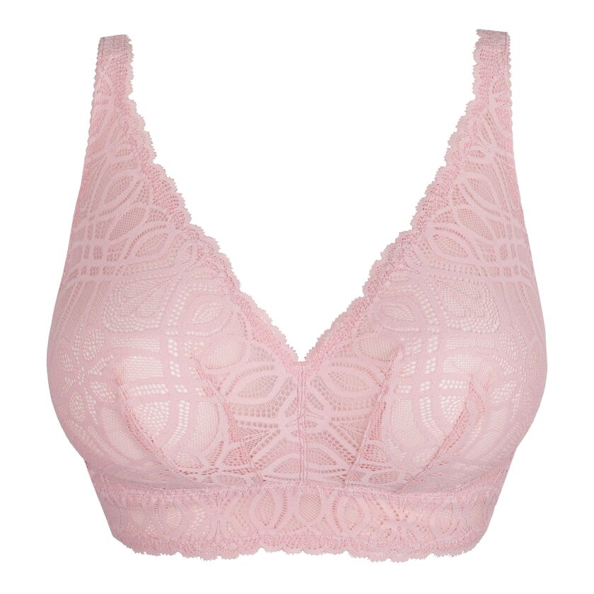 Pink lace bra on a white background