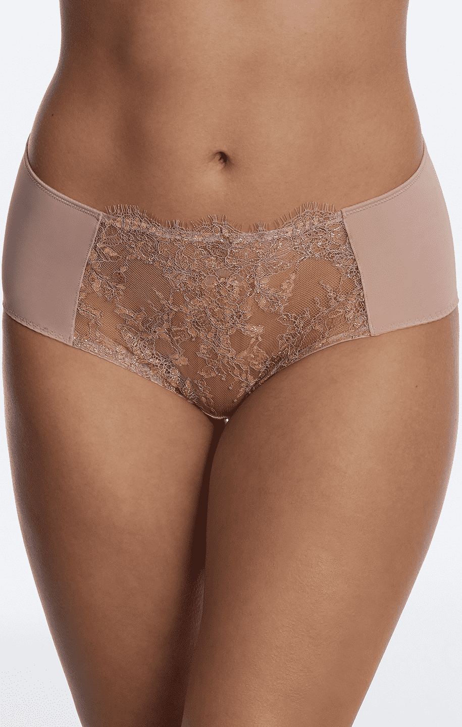 Skarlett Blue Entice Brief in Rose Gold, showcasing its delicate stretch lace front and smooth micro fabric for a chic and comfortable fit.
