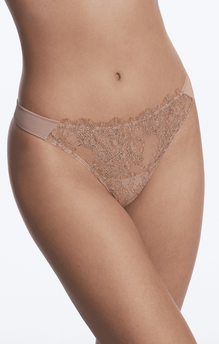 Skarlett Blue Entice Thong in Rose Gold, showcasing a low rise design, stretch lace, and breathable cotton gusset.