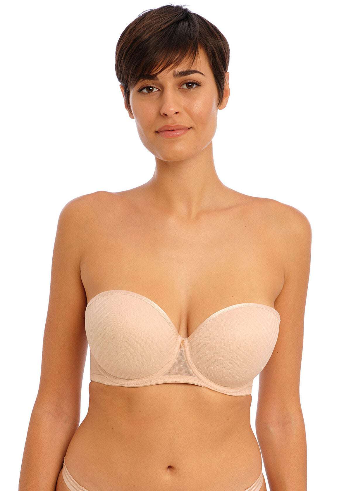 Freya Tailored Underwire Strapless Moulded Bra displayed with detachable multiway straps for versatile styling.