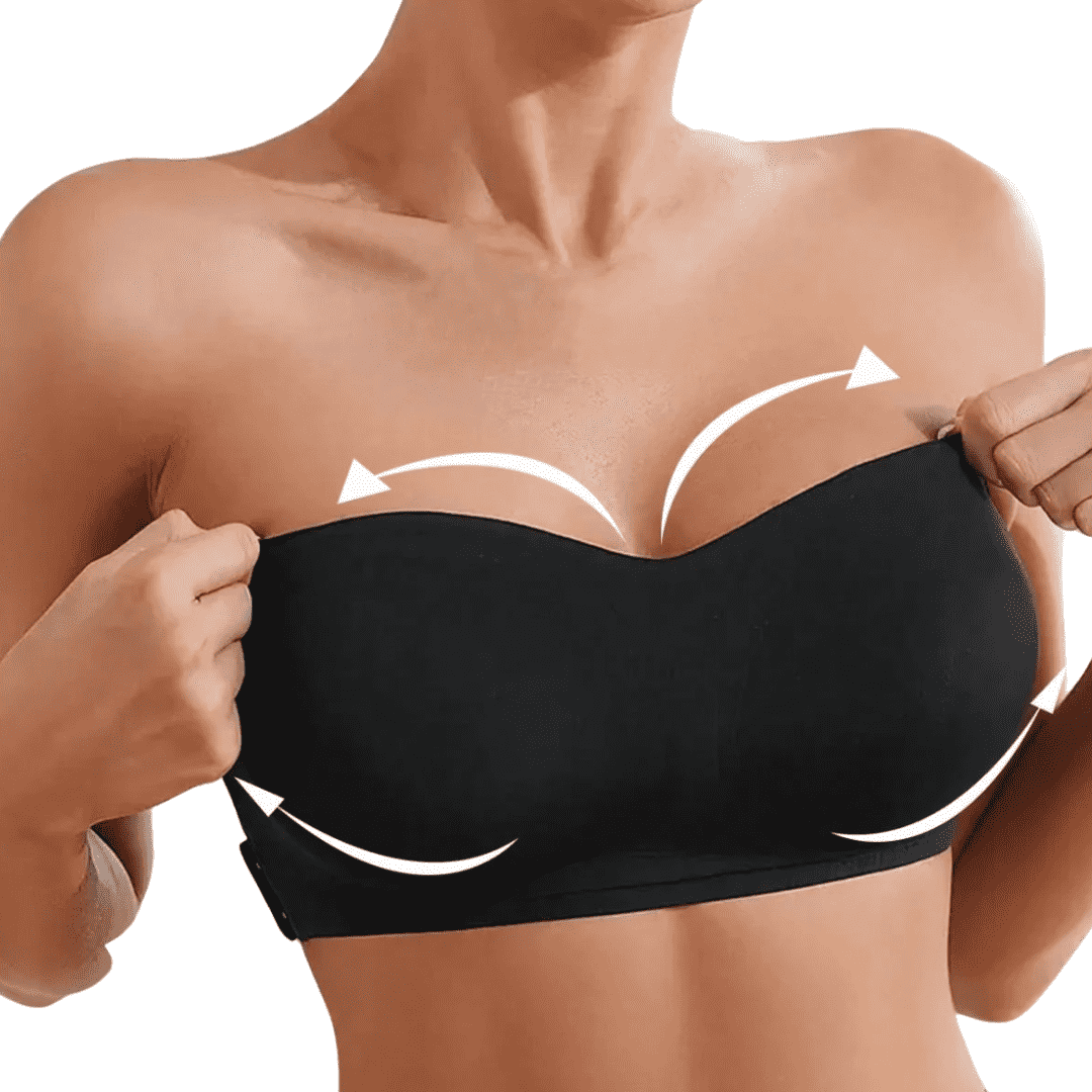 Supporting Eve Strapless Cross Back Seamless Non-Wired Bra in Black, showcasing its sleek design and seamless finish.