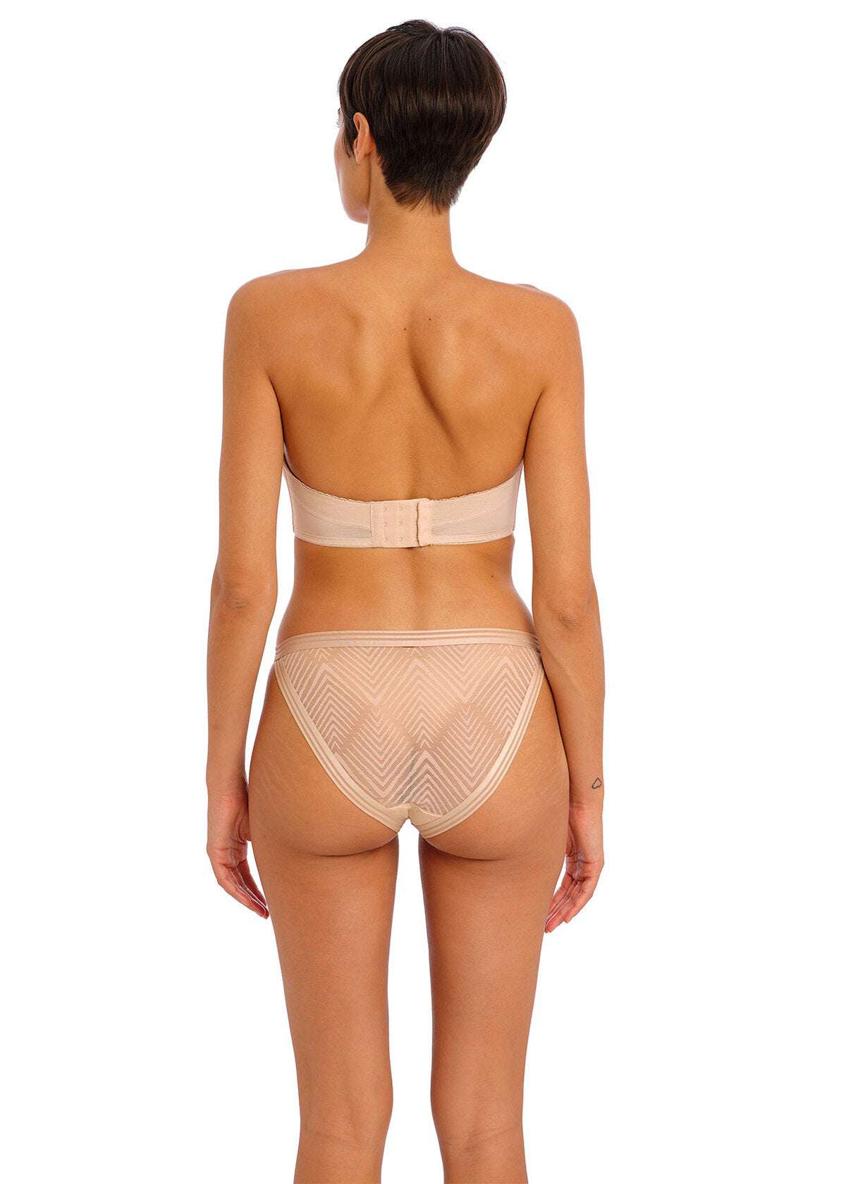 Freya Tailored Underwire Strapless Moulded Bra in Natural Beige, featuring moulded cups, stretch geo-lace overlay, detachable multiway straps, and rose gold bar trim for stylish, secure strapless wear.