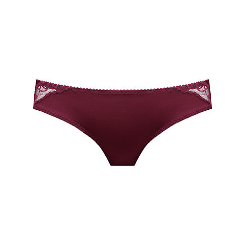 A pair of women's low-rise underwear in deep burgundy, featuring delicate white lace trim on the sides, displayed against a solid white background.