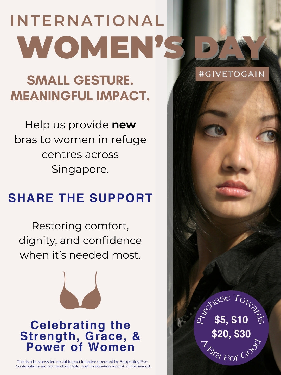 Promotional poster for International Women's Day with a woman and text about providing new bras to women in refugee centers.