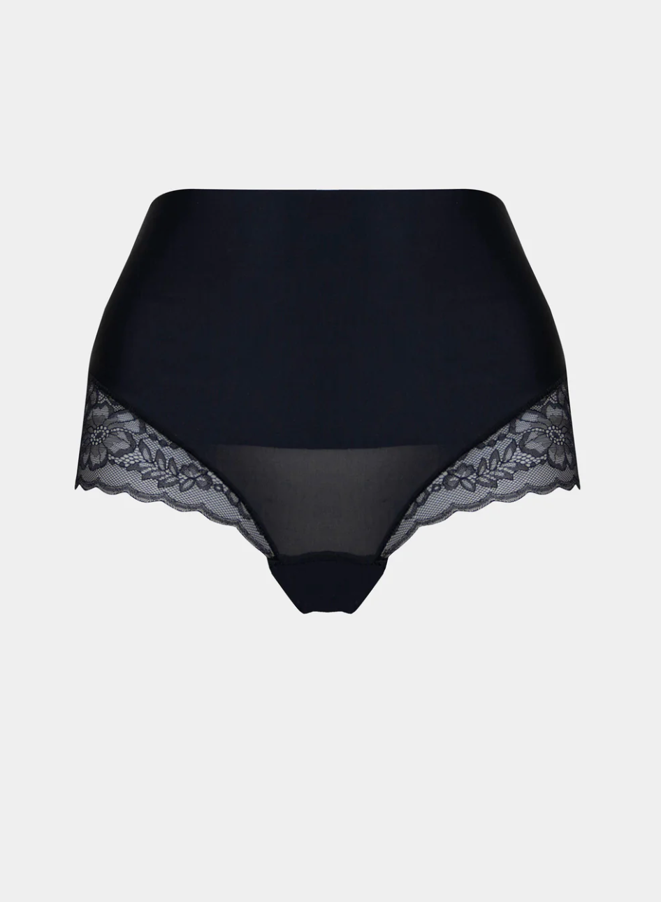 Tummy Shaper Black lace-trimmed underwear on a white background