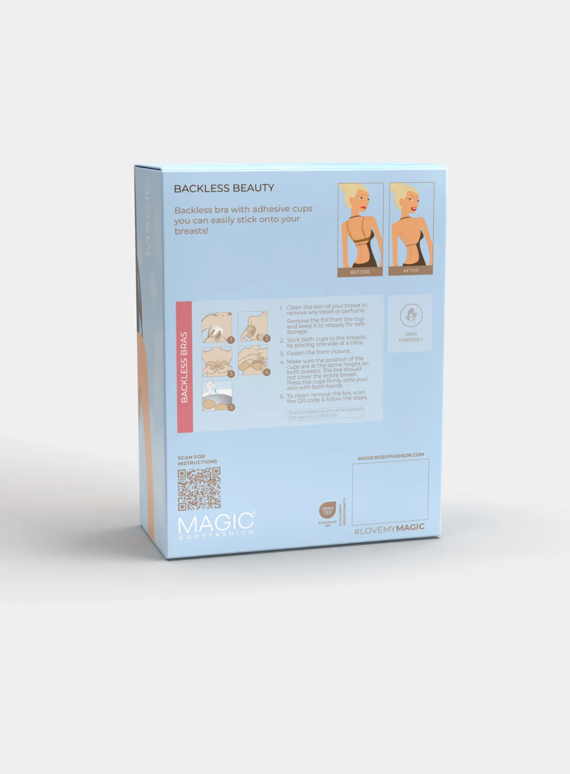 Product packaging for 'Backless Beauty' with instructions on a white background