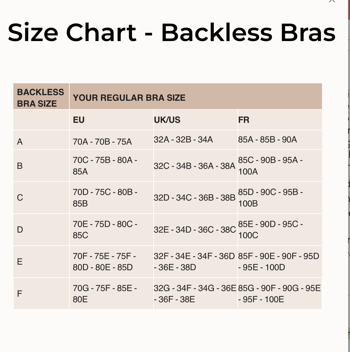 Size chart for backless bras showing various sizes and their equivalents in EU, UK/US, and FR.