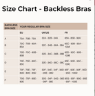 Size chart for backless bras showing various sizes and their equivalents in EU, UK/US, and FR.
