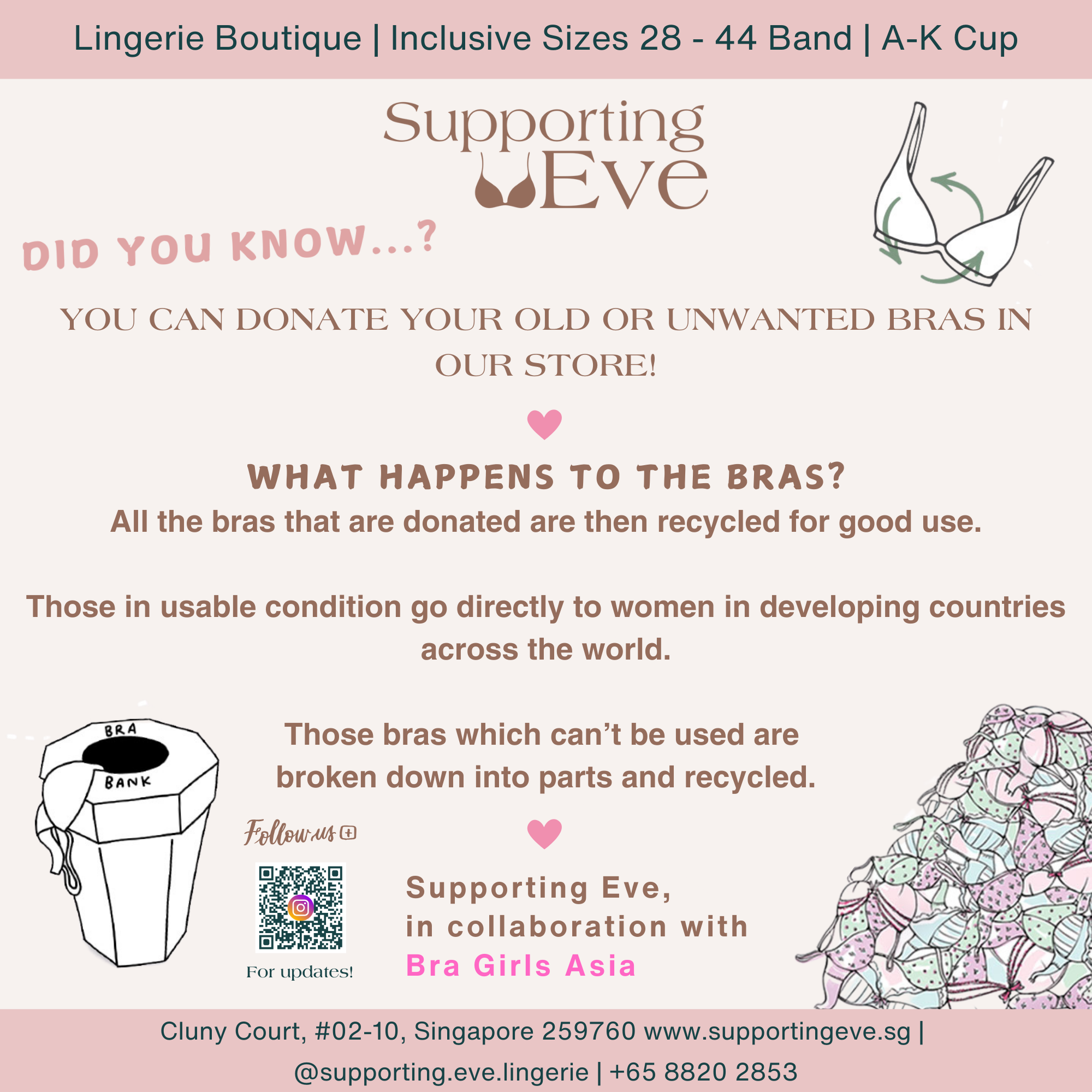 Advertisement for Supporting Eve on a white background with text and illustrations about donating bras.