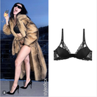 Charli XCX in fur coat and black lingerie with a scenic background, alongside a black bralette with lace details.