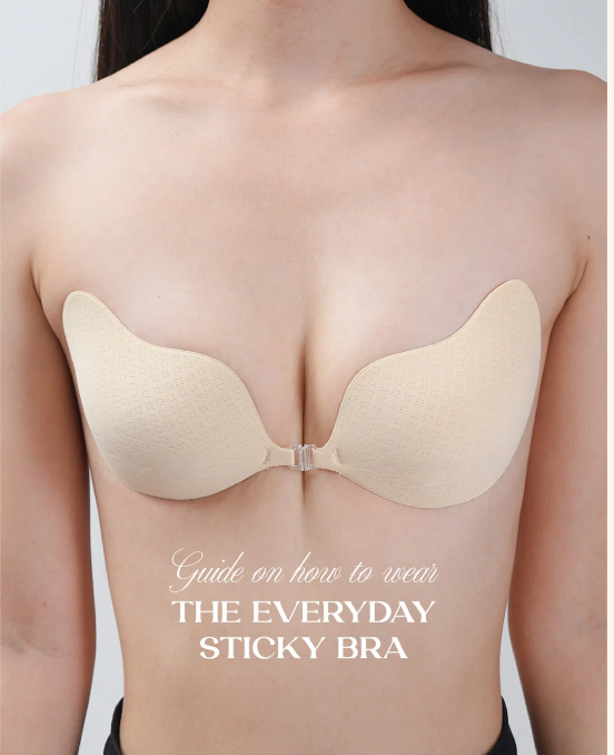 Beige sticky bra worn by a person with text on how to wear it.