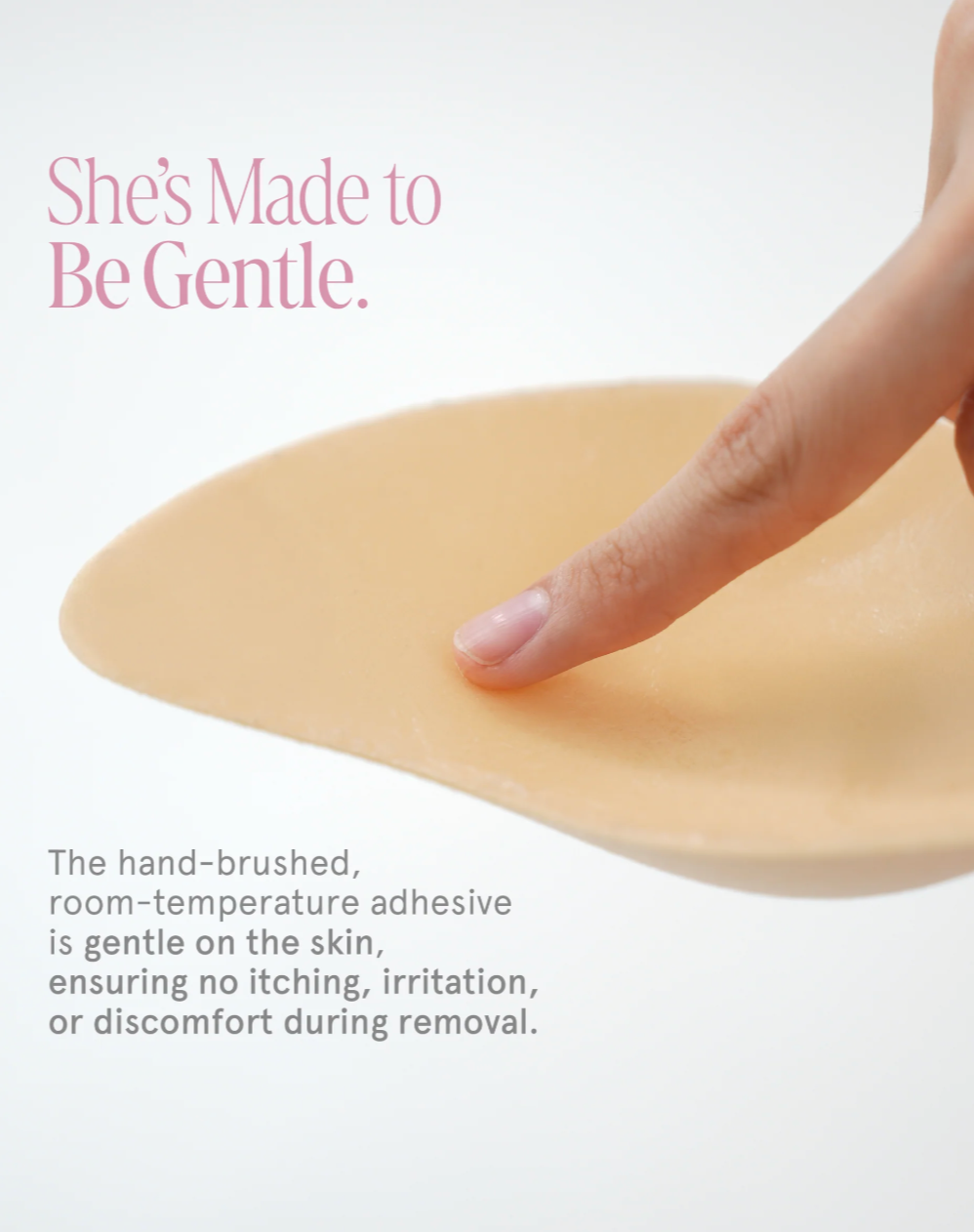 Product with a hand touching it, text about gentle adhesive, on a white background
