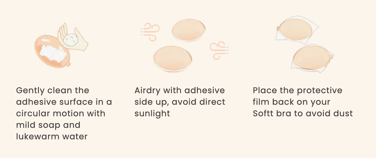 Instructions for cleaning and using a soft bra with adhesive surface on a white background.