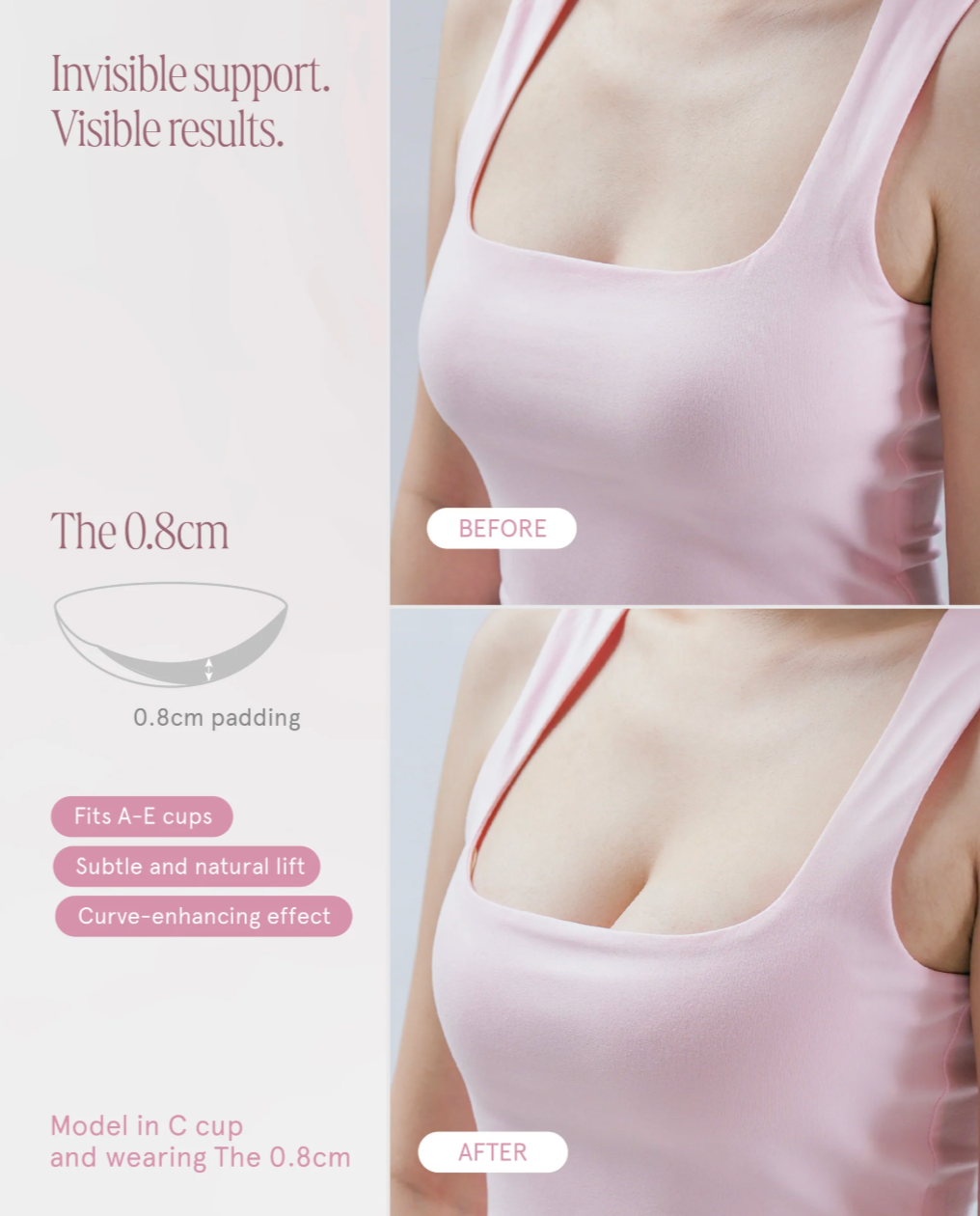 Pink bra with text highlighting 'Invisible support, visible results' and product features.