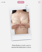 Sticky bra being worn with instructions on how to secure it.