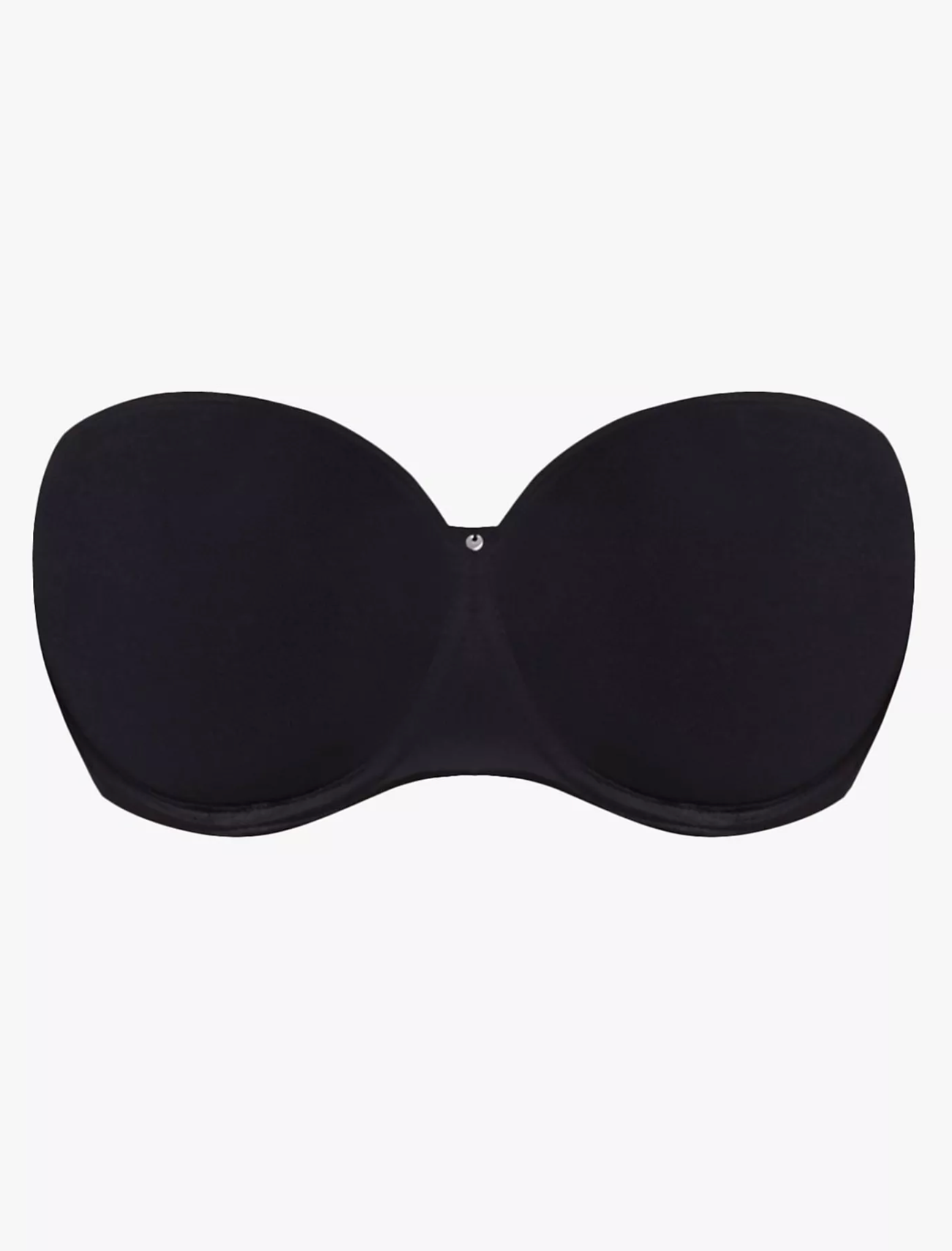 Black strapless bra on a white background