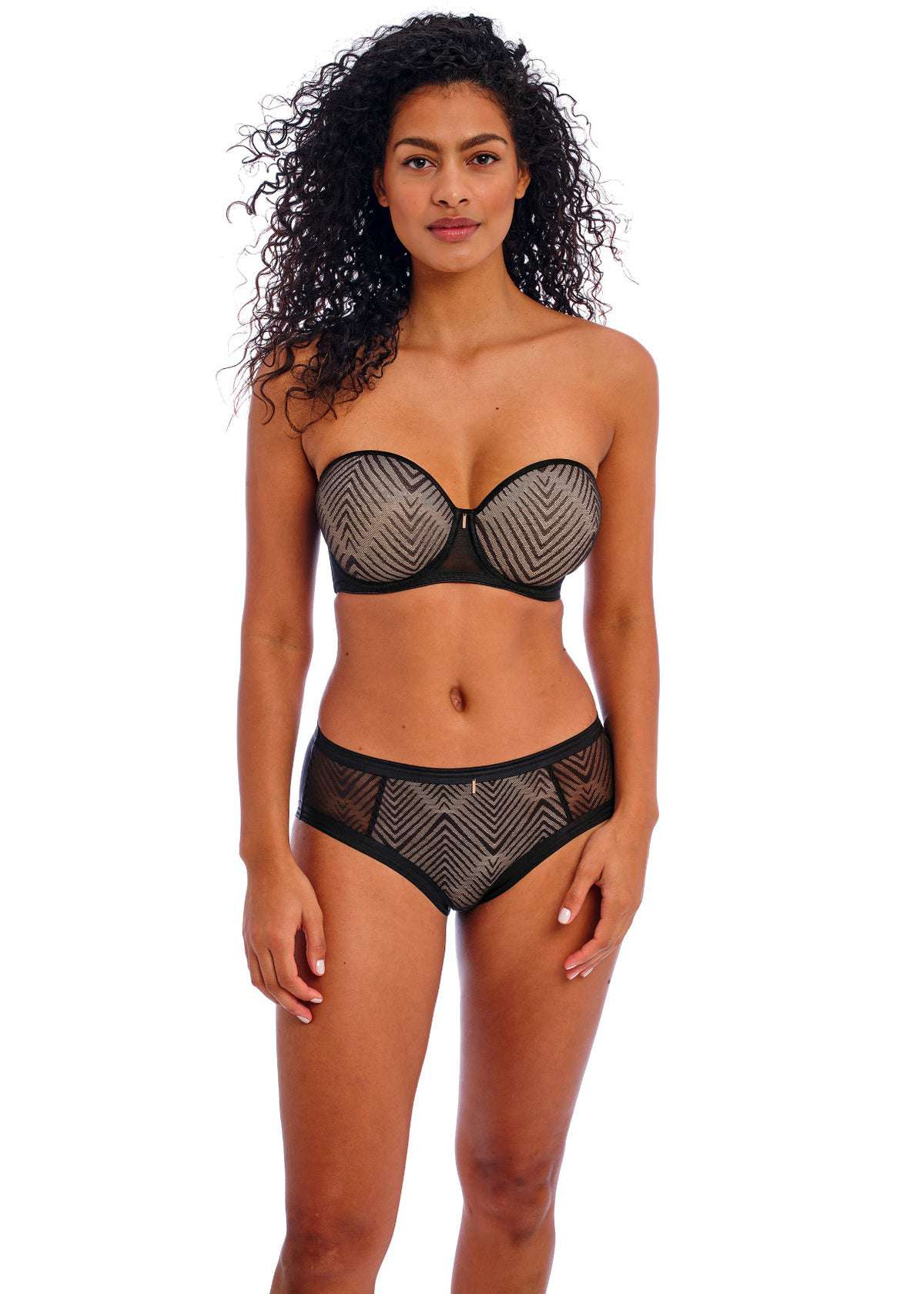 Freya Tailored Underwire Strapless Moulded Bra displayed in various positions with detachable multiway straps.
