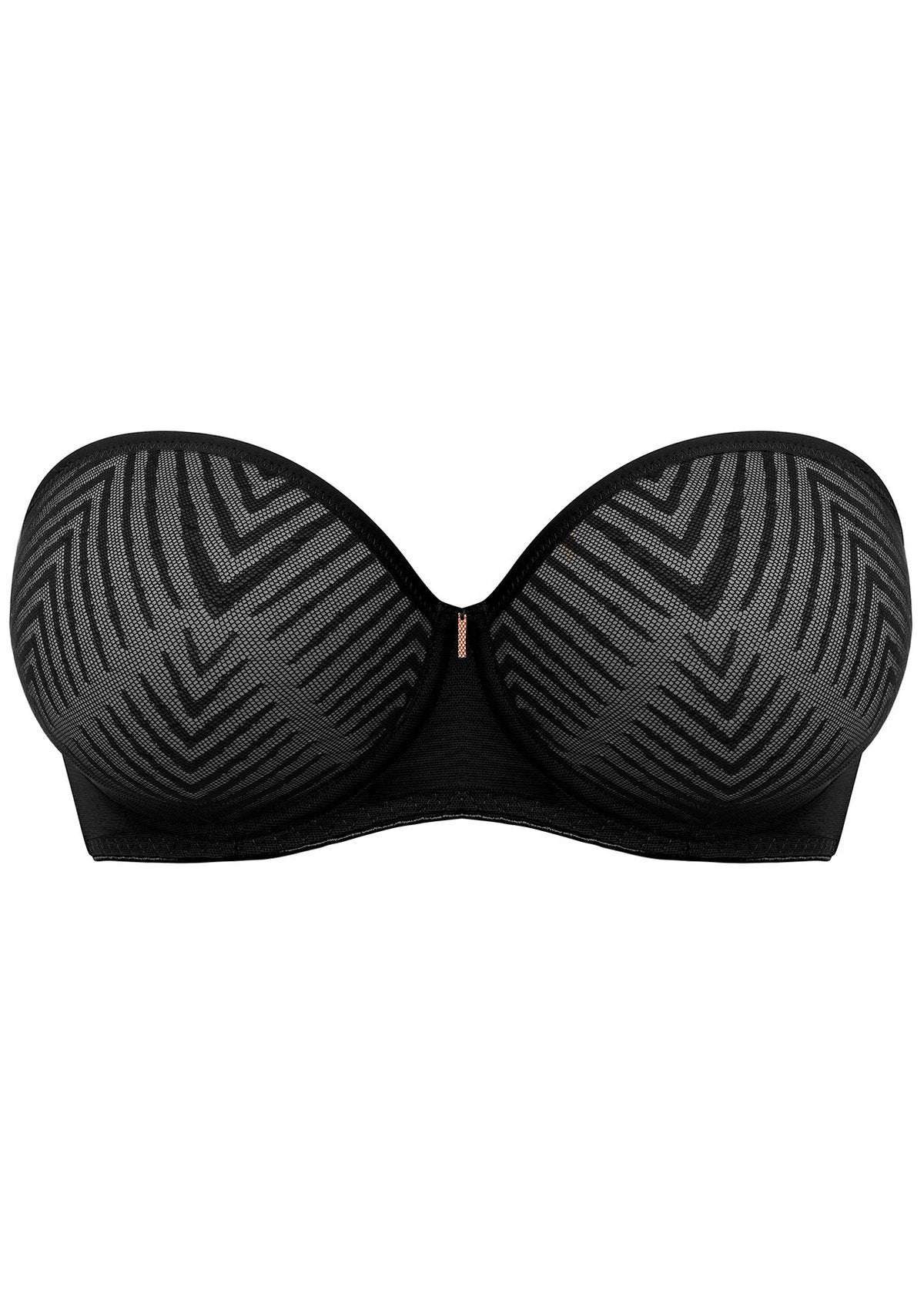 Freya Tailored Underwire Strapless Moulded Bra in Black, showcasing its stretch geo-lace overlay and rose gold bar trim.