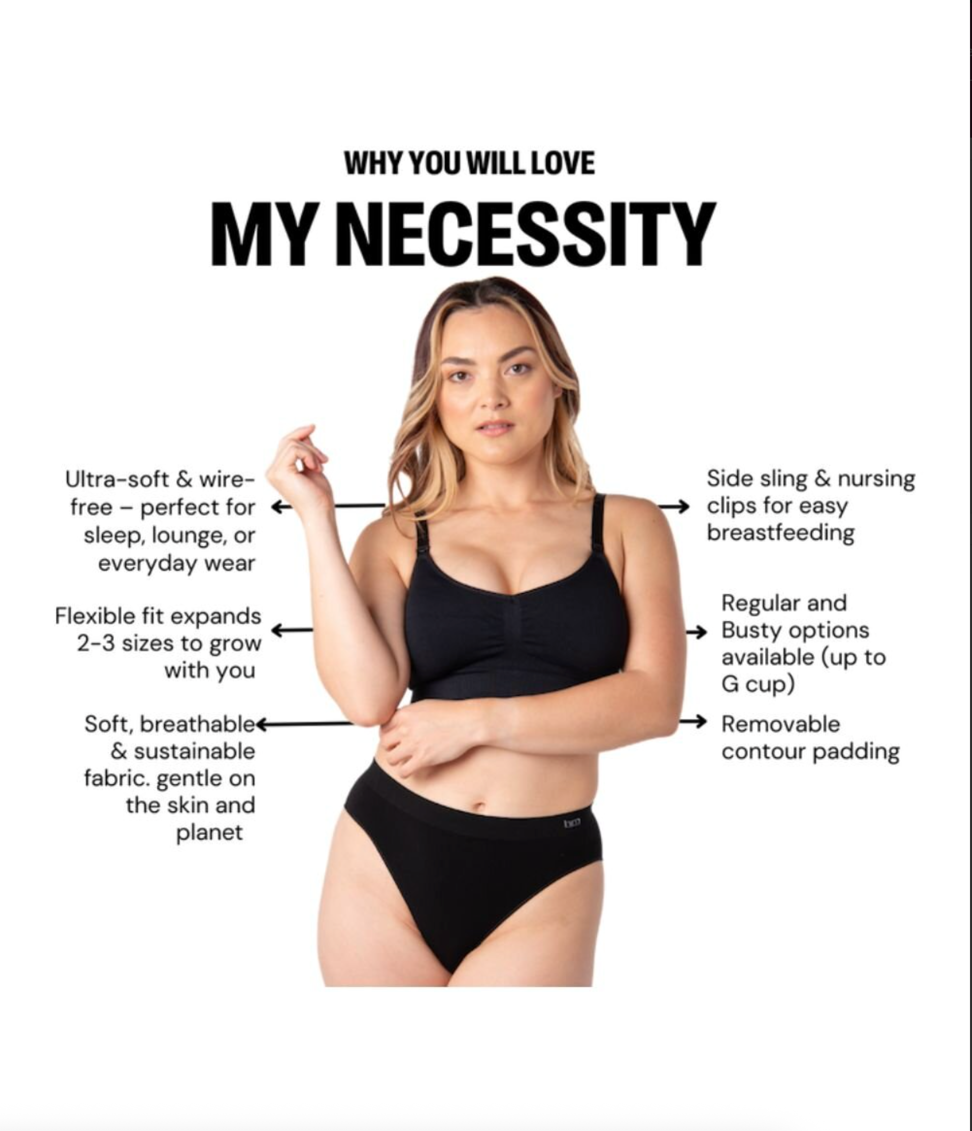Woman wearing Hotmilk My Necessity Seamless Nursing Bra - Non Wired black with information