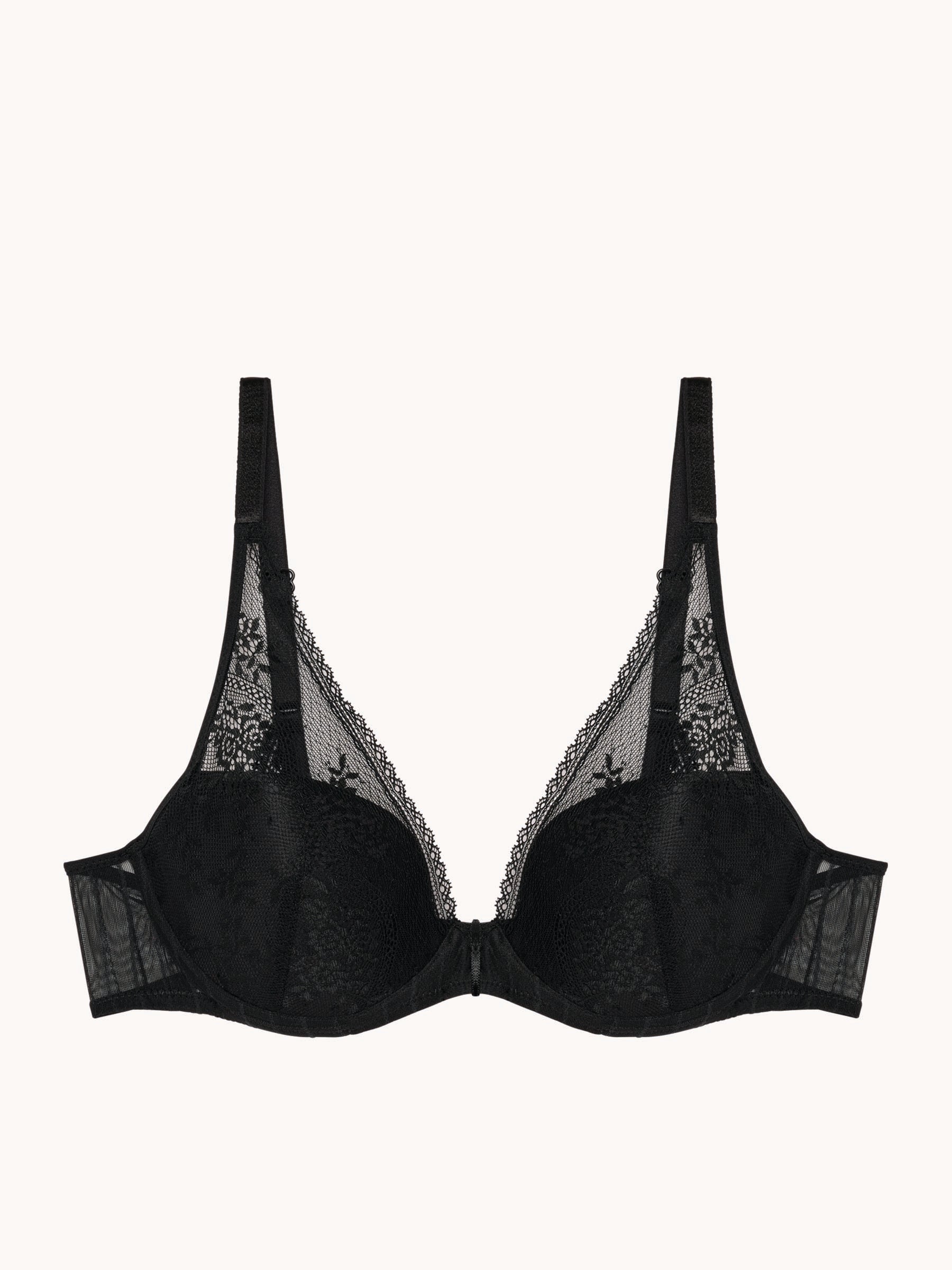 Black bra with lace details on a white background