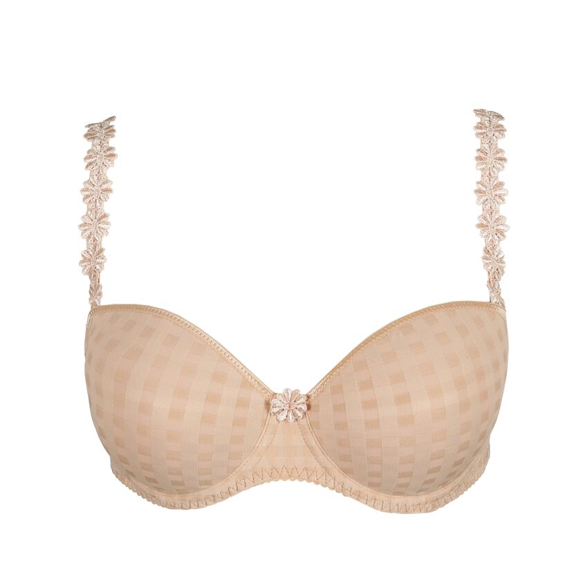 Beige bra with floral straps on a white background