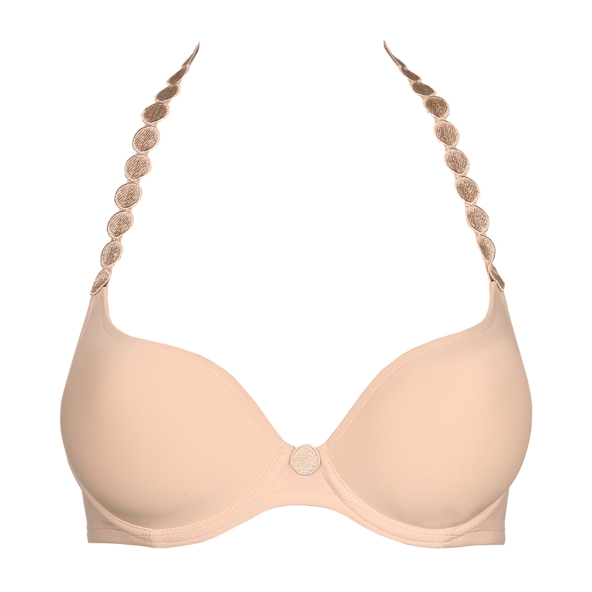 Beige bra with decorative straps on a white background