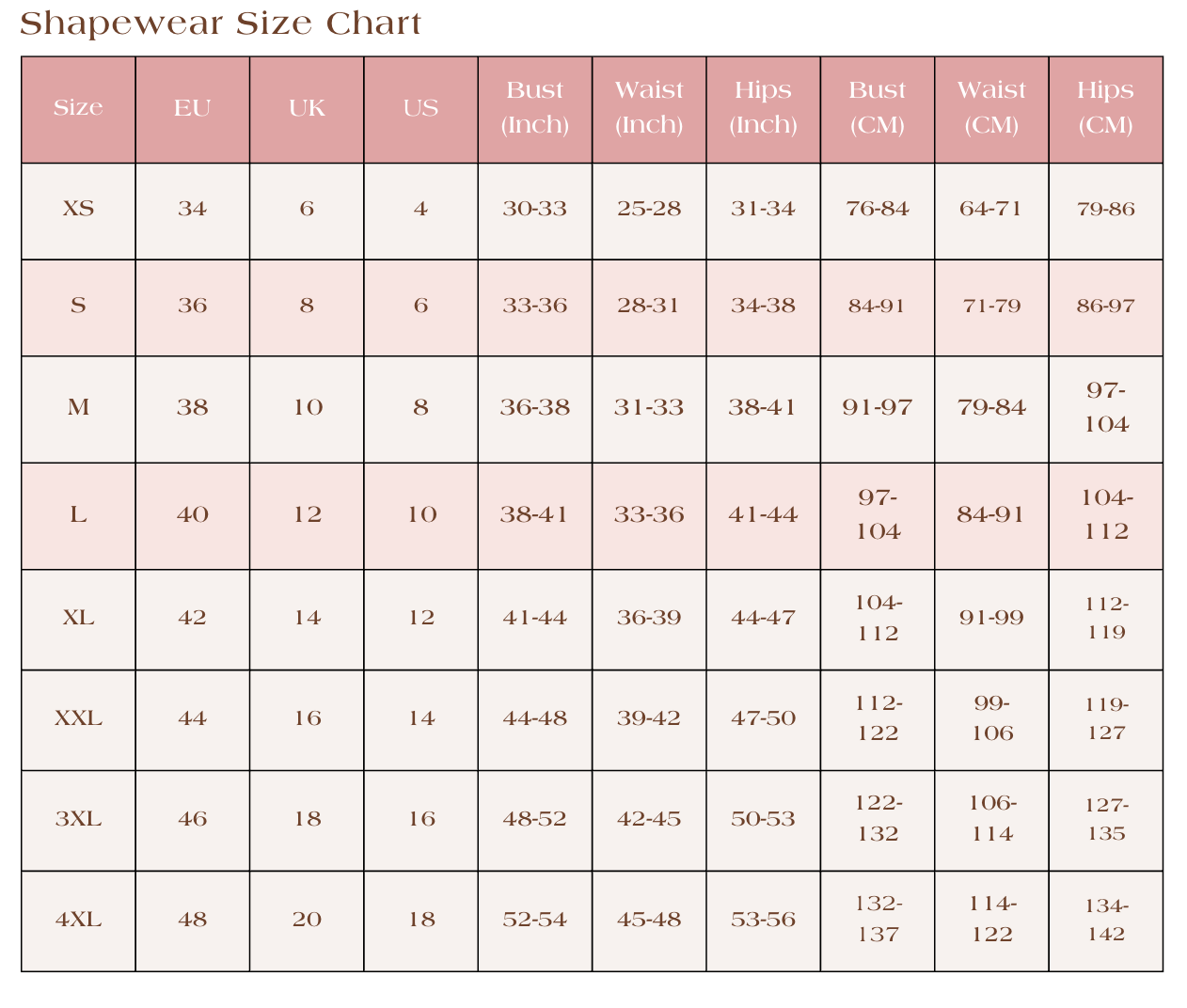 Shapewear size chart with measurements in EU, UK, US, and CM.
