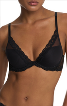 Black bra with lace details worn by a model on a white background