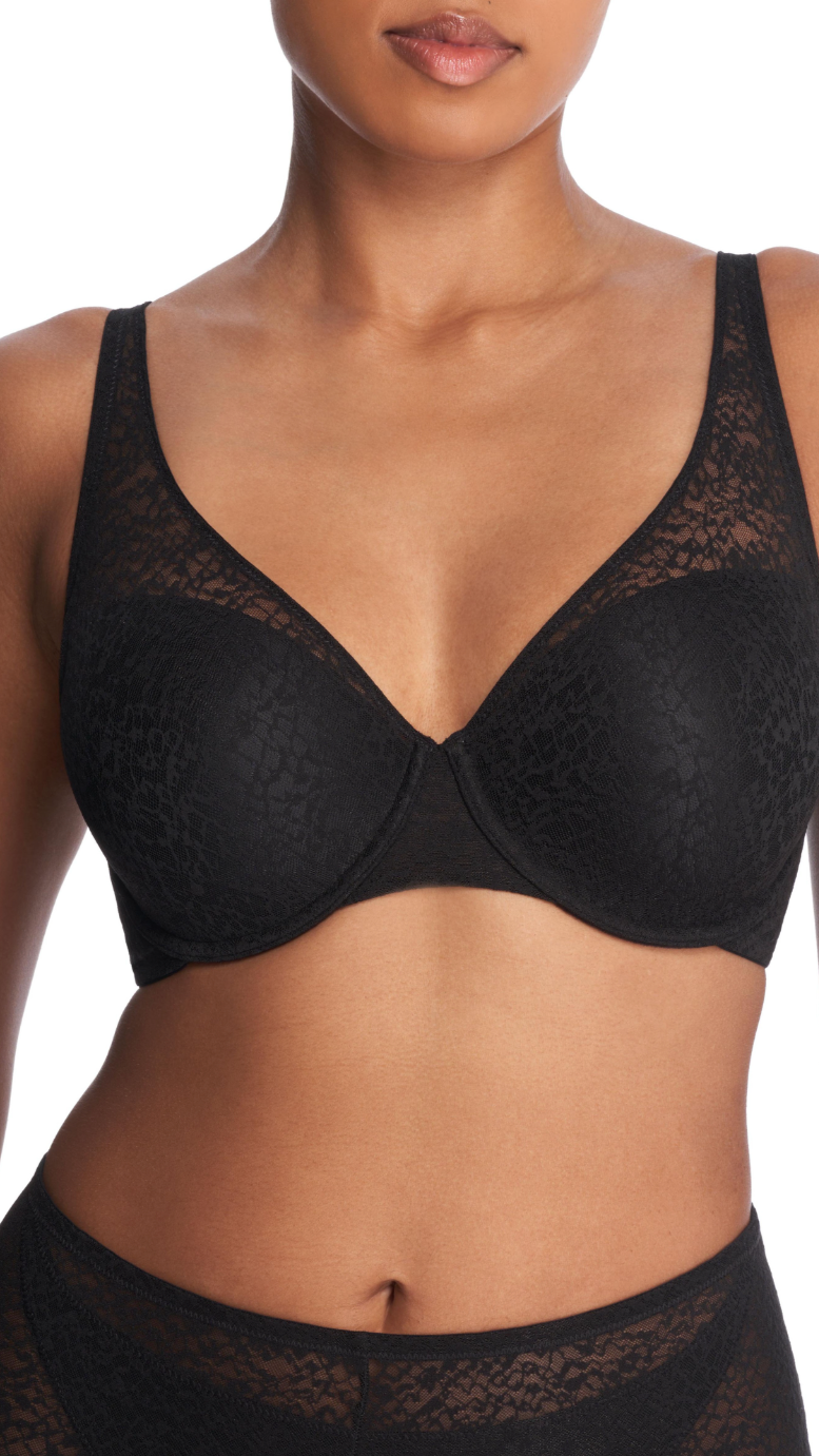 Black lace bra worn by a model on a white background