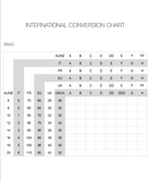 International conversion chart for BRAS sizes on a white background