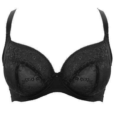 Black bra with lace detailing on a white background