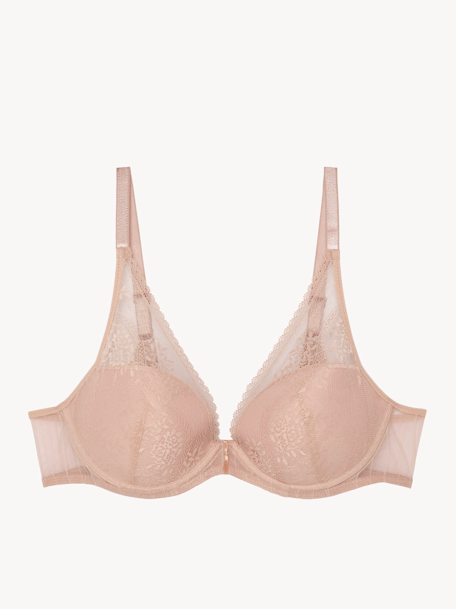 Beige bra with lace details on a white background