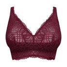 Maroon lace bralette on a white background