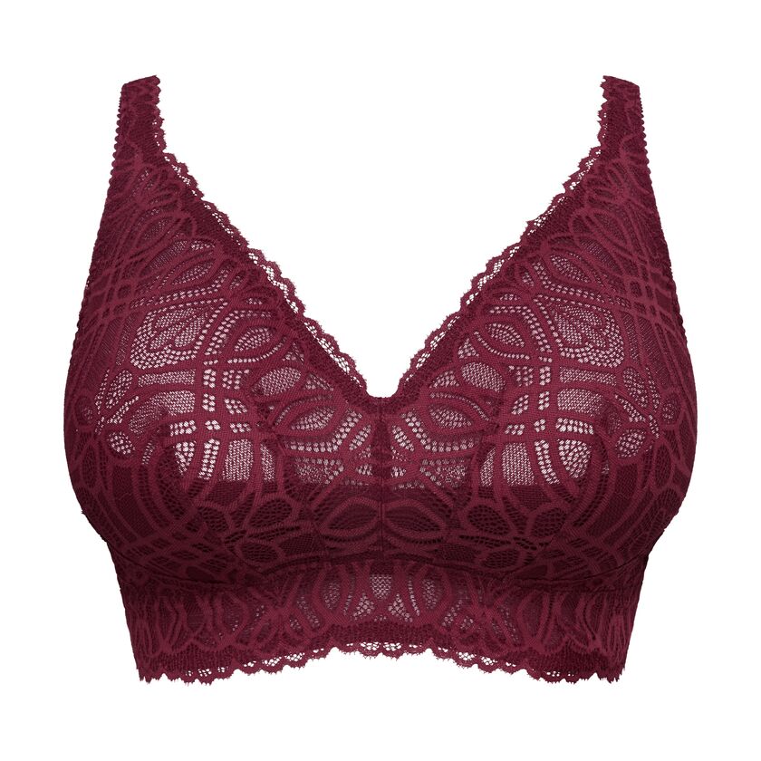 Maroon lace bralette on a white background