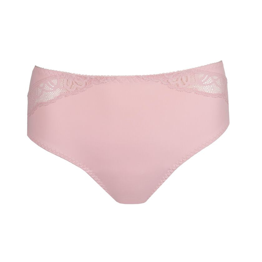 Pink women's underwear with lace details on a white background
