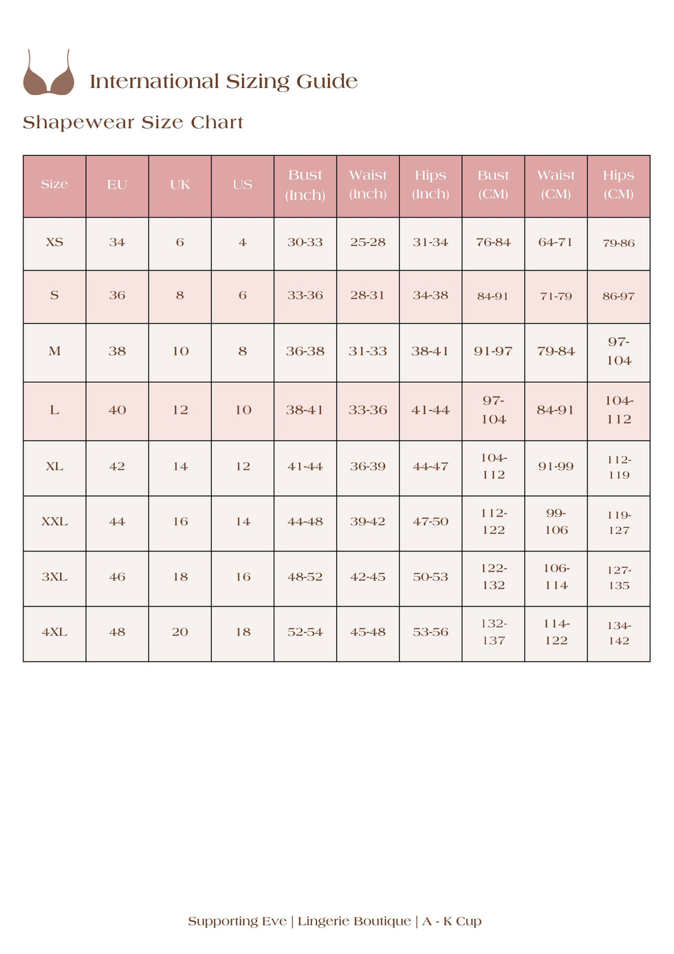 Bra Size Guide | Band 28–44, Cup A–K | Supporting Eve