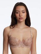 The back view of Skarlett Blue Entice Balconette Bra in Rose Gold highlighting the buttery soft fabric back band.