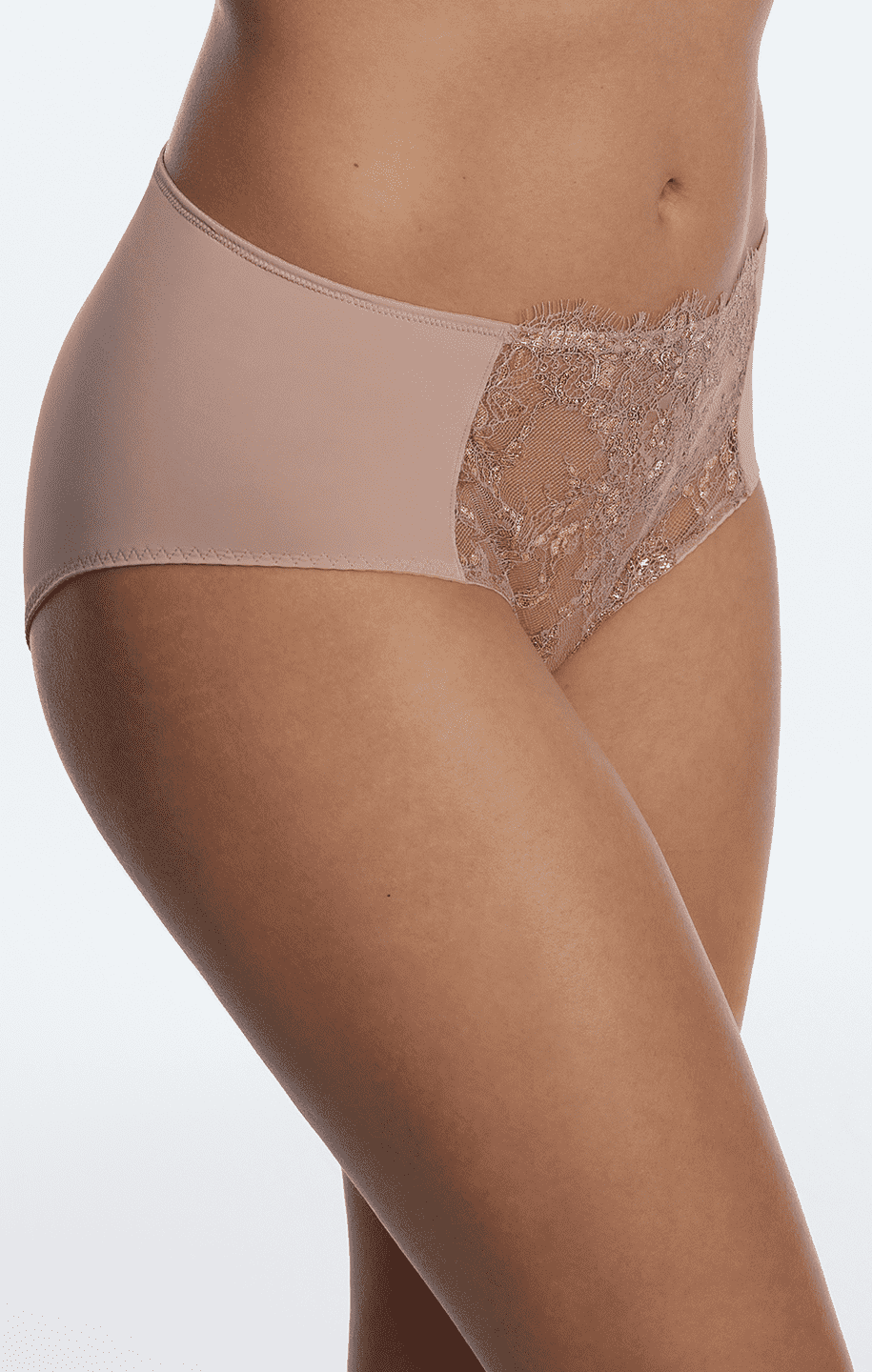 Close-up view of Skarlett Blue Entice Brief - Rose Gold, highlighting the invisible lace detailing that ensures a seamless appearance under clothing.