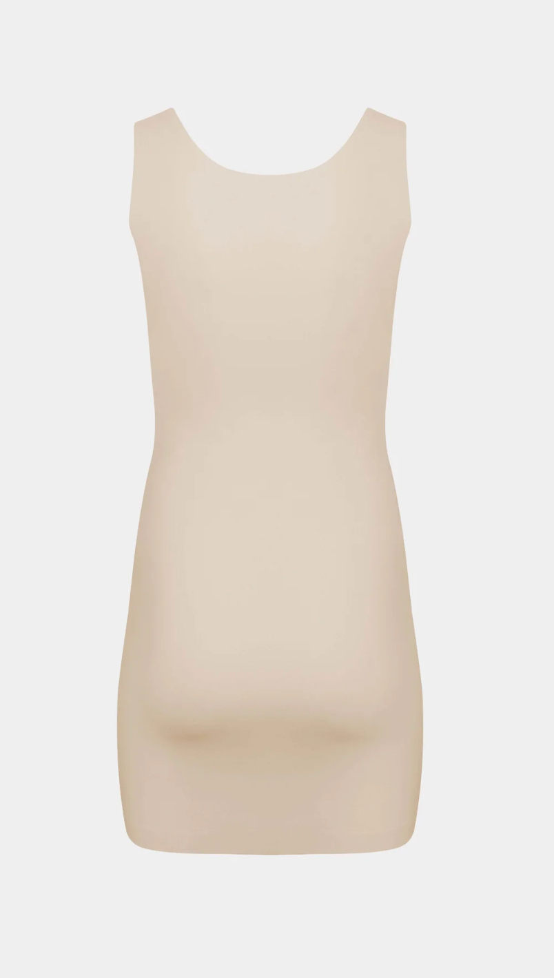 Shapewear. Body contouring sleek tank dress is made of smooth and powerful recycled fabric that shapes the entire upper body, hips and legs.