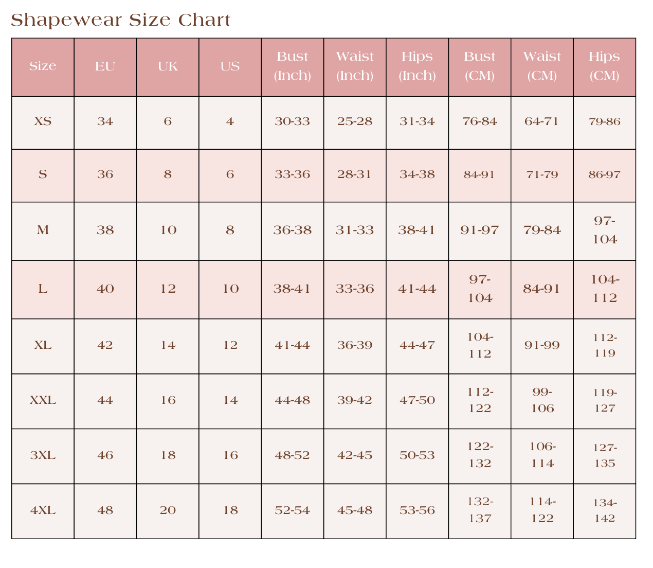 Shapewear size chart with measurements in EU, UK, US, and CM.
