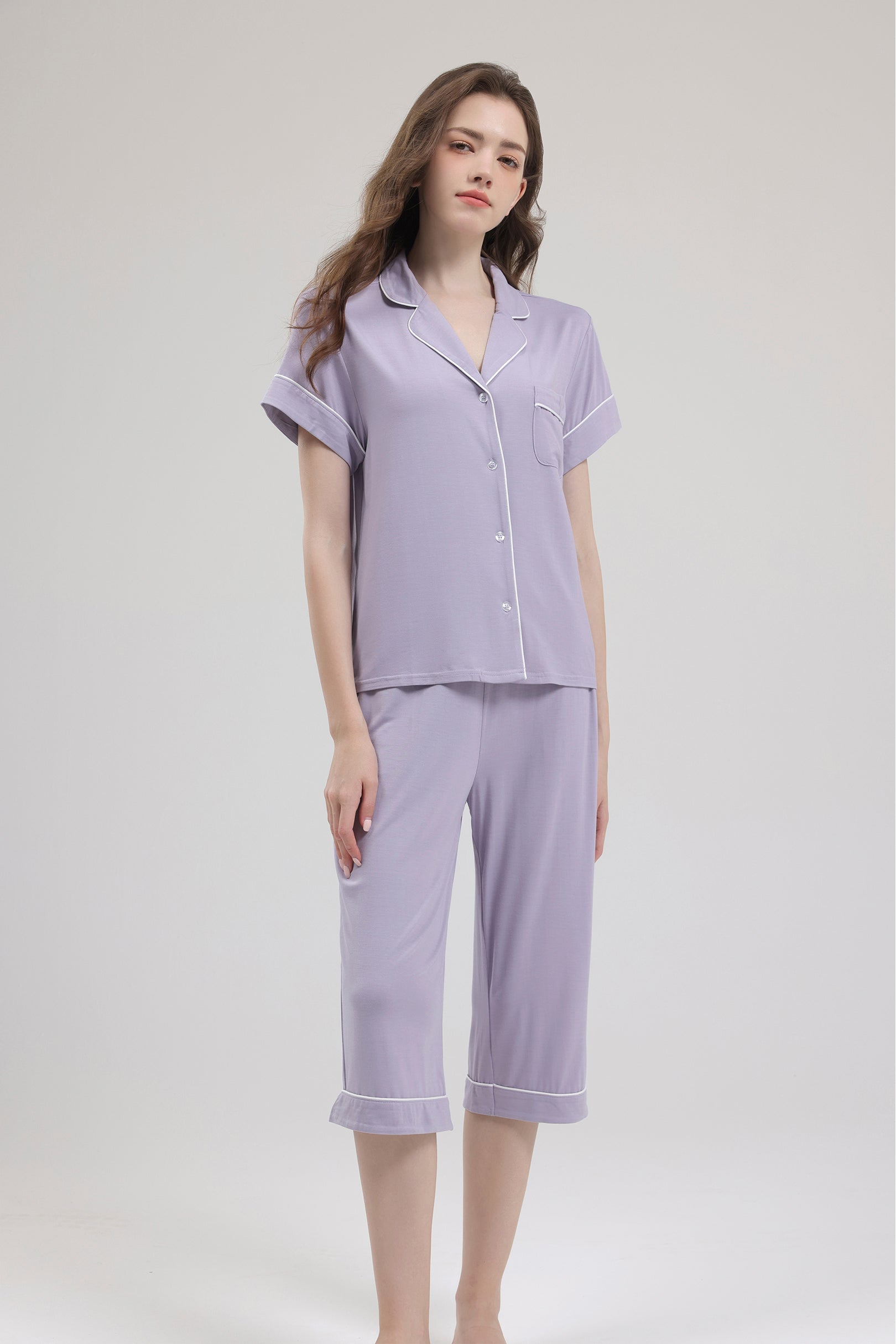 Signature Cropped Pyjamas Set in Lilac Grey by Selenightco - Supporting Eve Lingerie